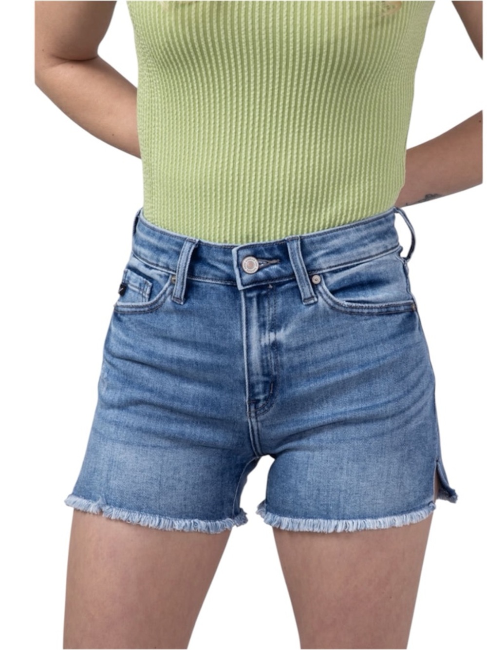 KanCan Classic High-Rise Frayed Hem Denim Shorts - Blue